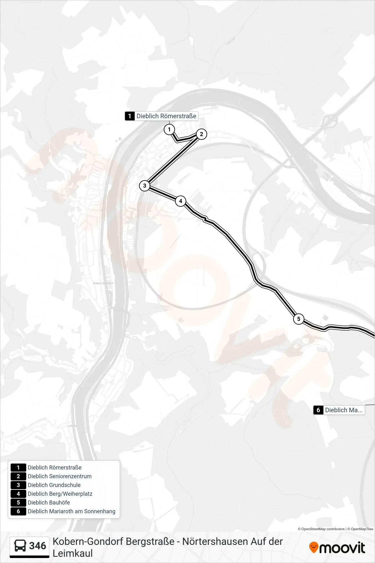 Linie 346 (Bus) Richtung Dieblich Mariaroth am Sonnenhang: Route und Haltestellen auf der Karte