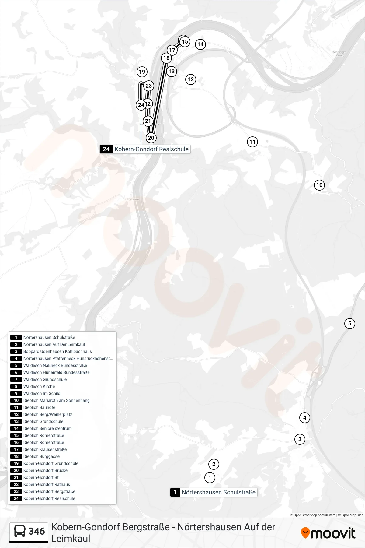 346 bus Line (Kobern-Gondorf Realschule) route and stops on a map