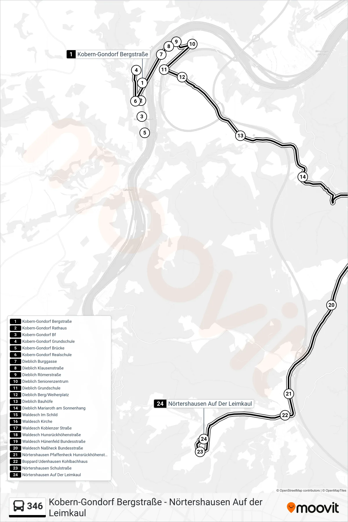 346 bus Line (Nörtershausen Auf Der Leimkaul) route and stops on a map