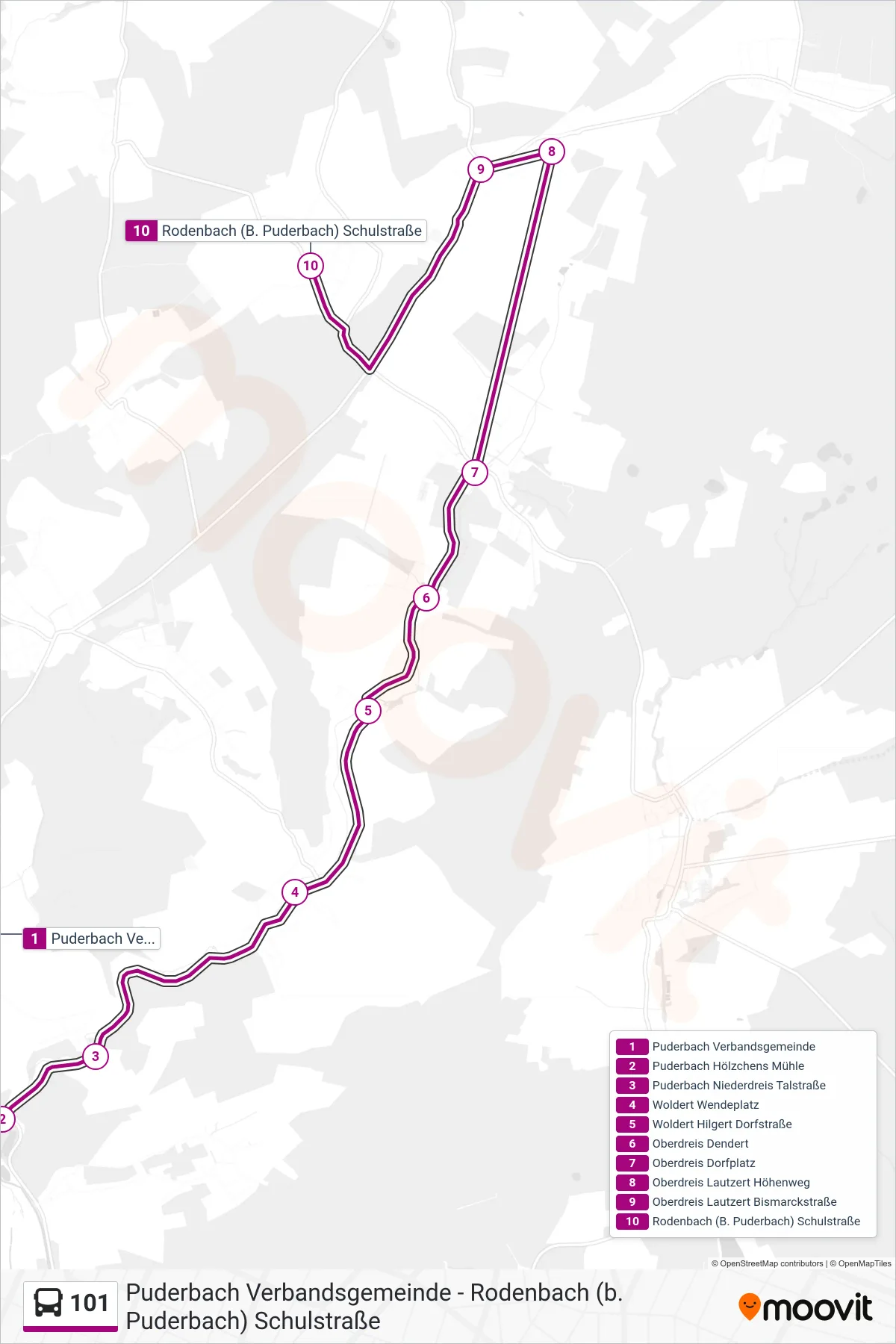 101 bus Line (Rodenbach (B. Puderbach) Schulstraße) route and stops on a map