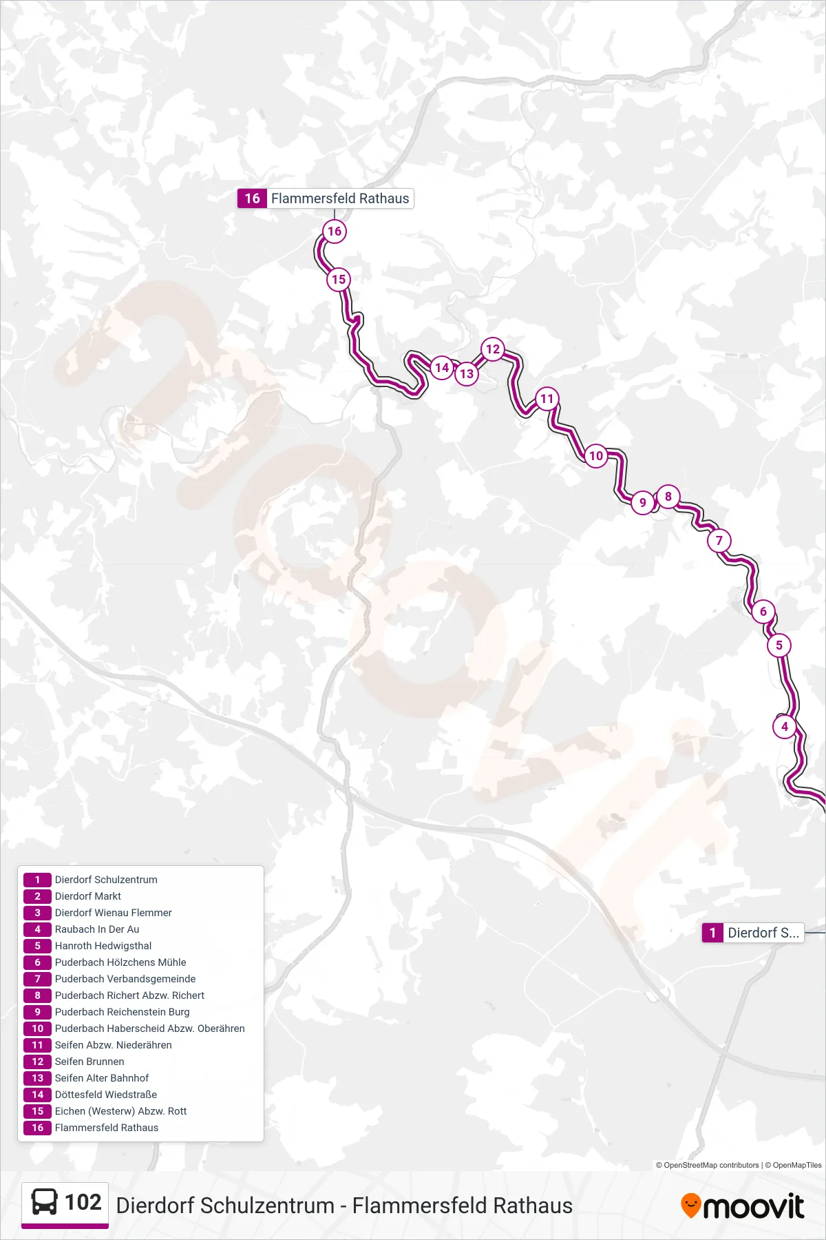102 bus Line (Flammersfeld Rathaus) route and stops on a map