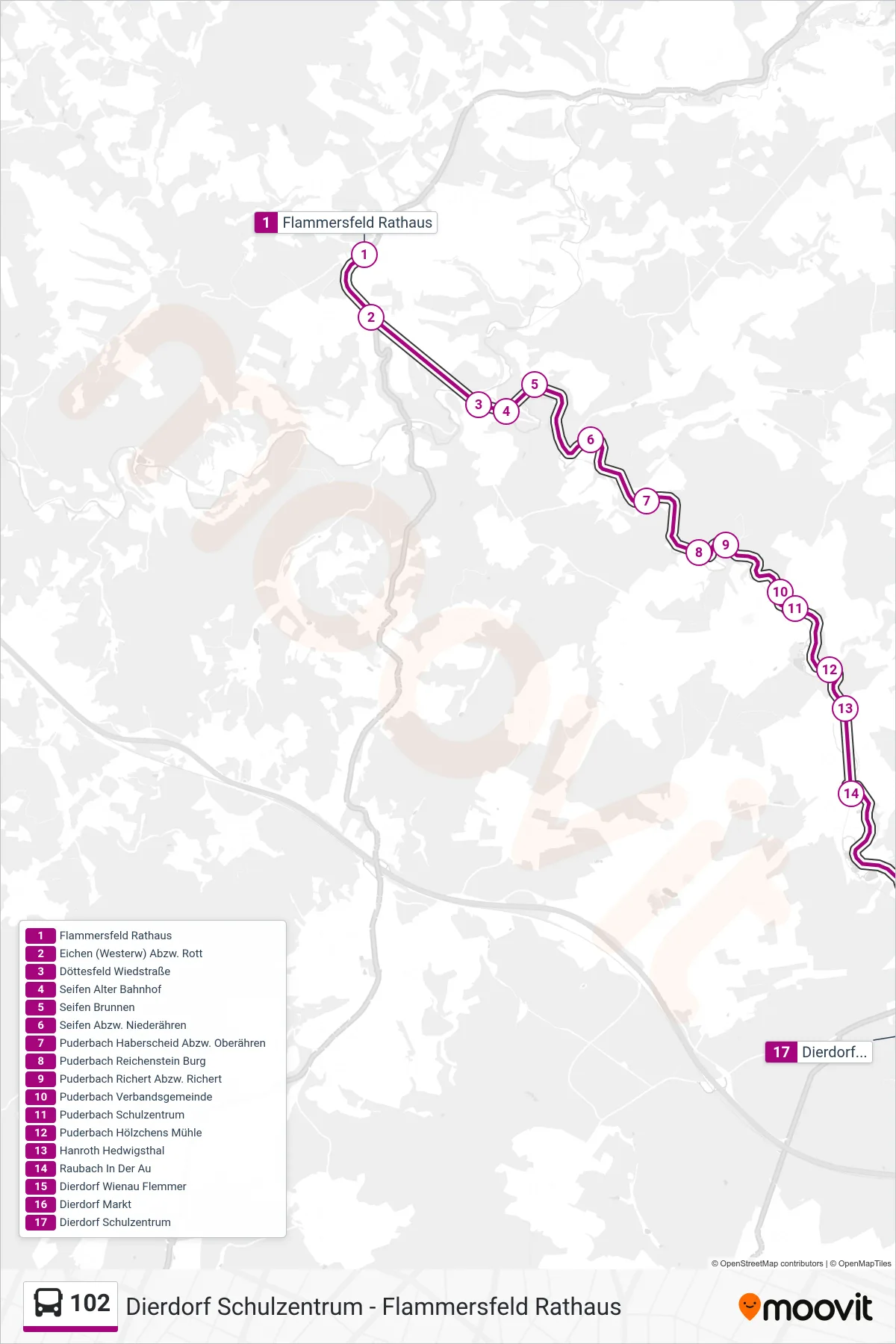 Linie 102 (Bus) Richtung Dierdorf Schulzentrum: Route und Haltestellen auf der Karte