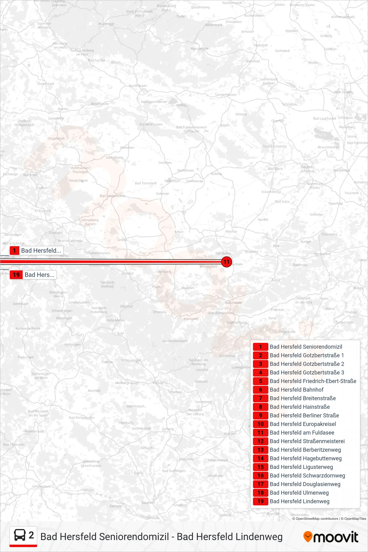 2 bus Line (Lindenweg) route and stops on a map