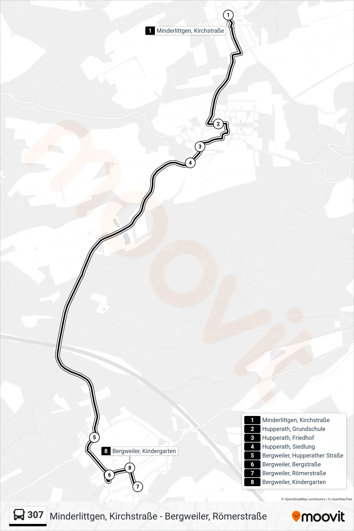 307 bus Line (Bergweiler, Kindergarten) route and stops on a map