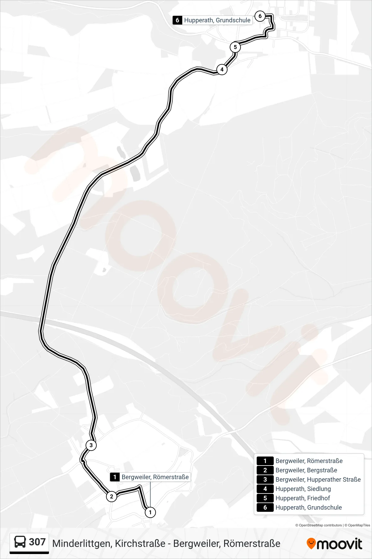 307 bus Line (Hupperath, Grundschule) route and stops on a map