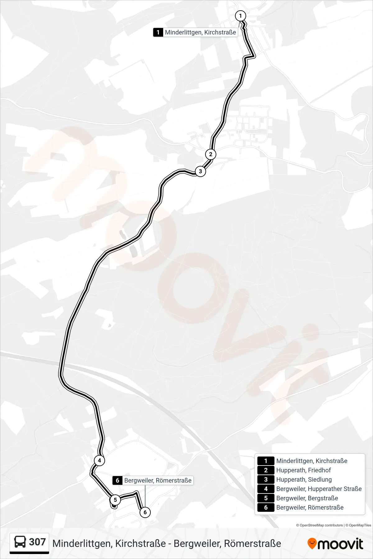 307 bus Line (Bergweiler, Römerstraße) route and stops on a map