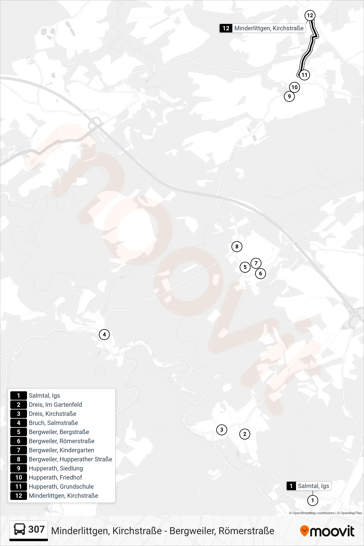 307 bus Line (Minderlittgen, Kirchstraße) route and stops on a map