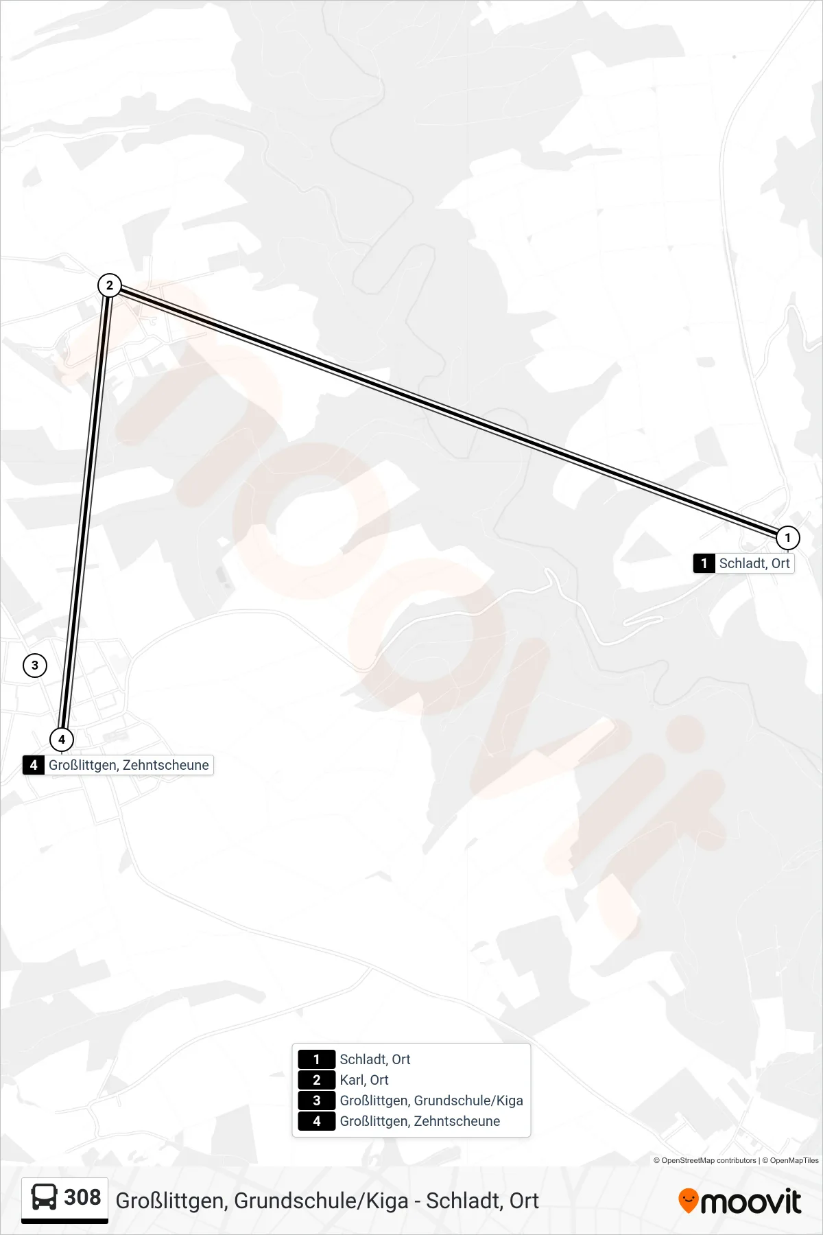 308 bus Line (Großlittgen, Zehntscheune) route and stops on a map