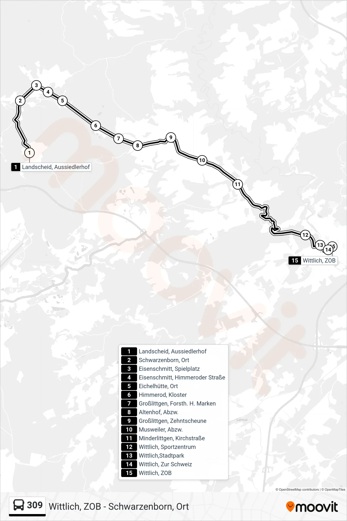309 bus Line (Wittlich, ZOB) route and stops on a map