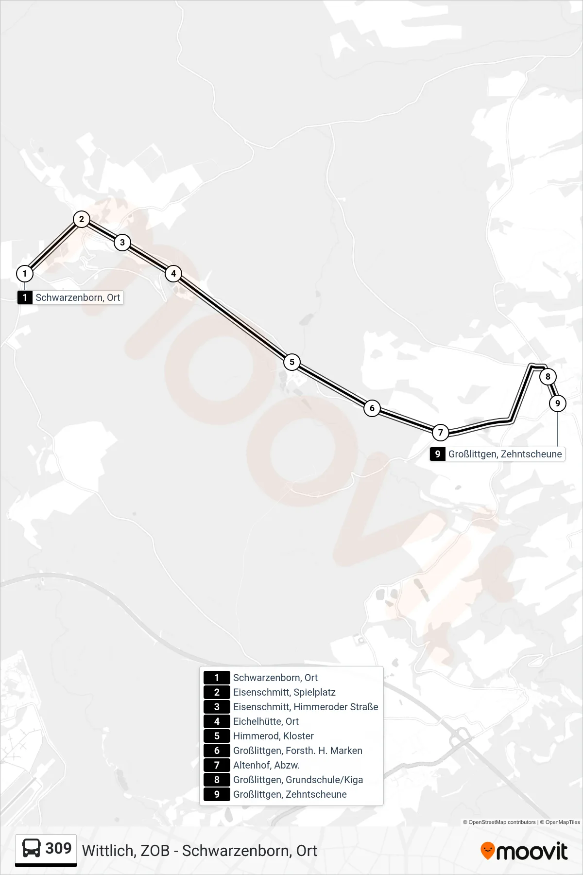 309 bus Line (Großlittgen, Zehntscheune) route and stops on a map