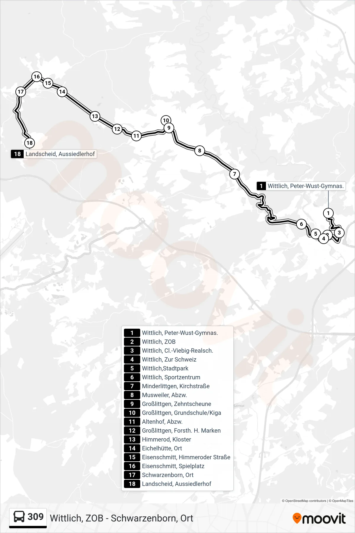 309 bus Line (Landscheid, Aussiedlerhof) route and stops on a map