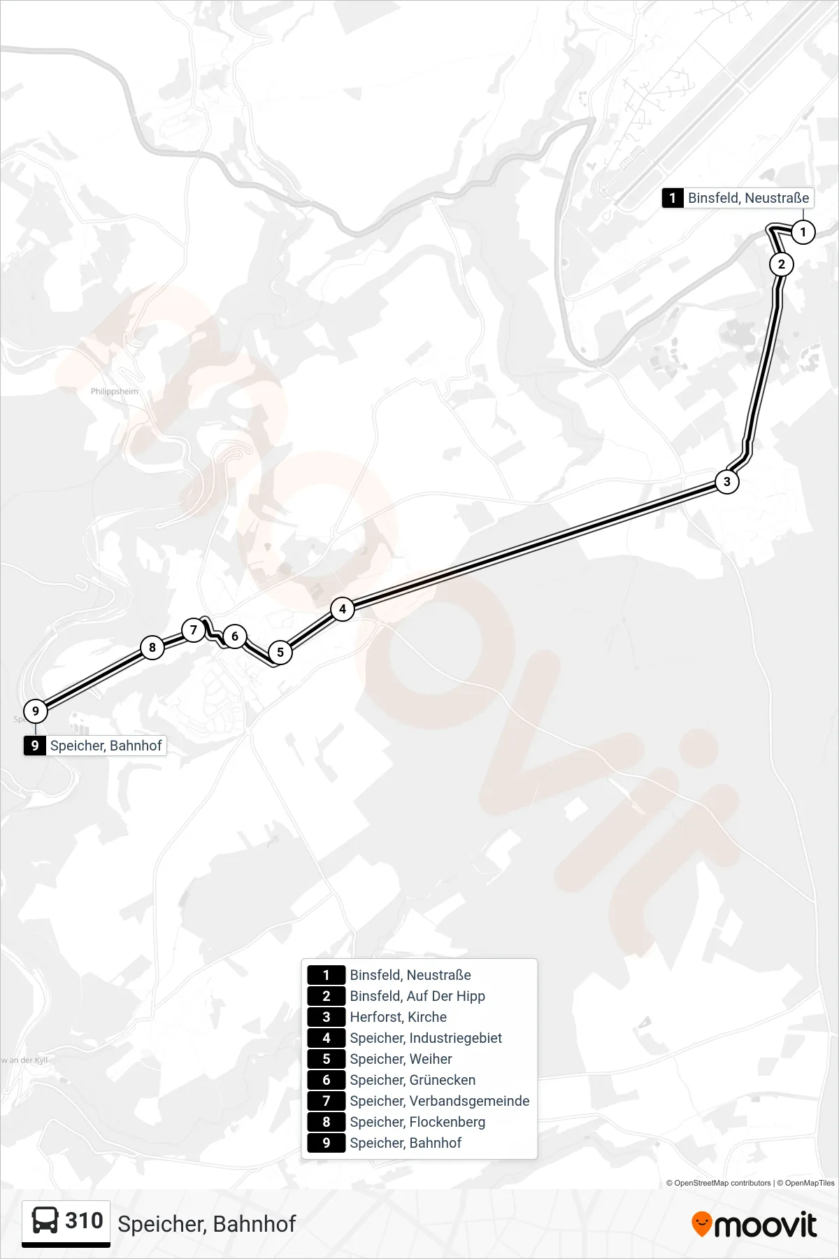 310 bus Line (Speicher, Bahnhof) route and stops on a map