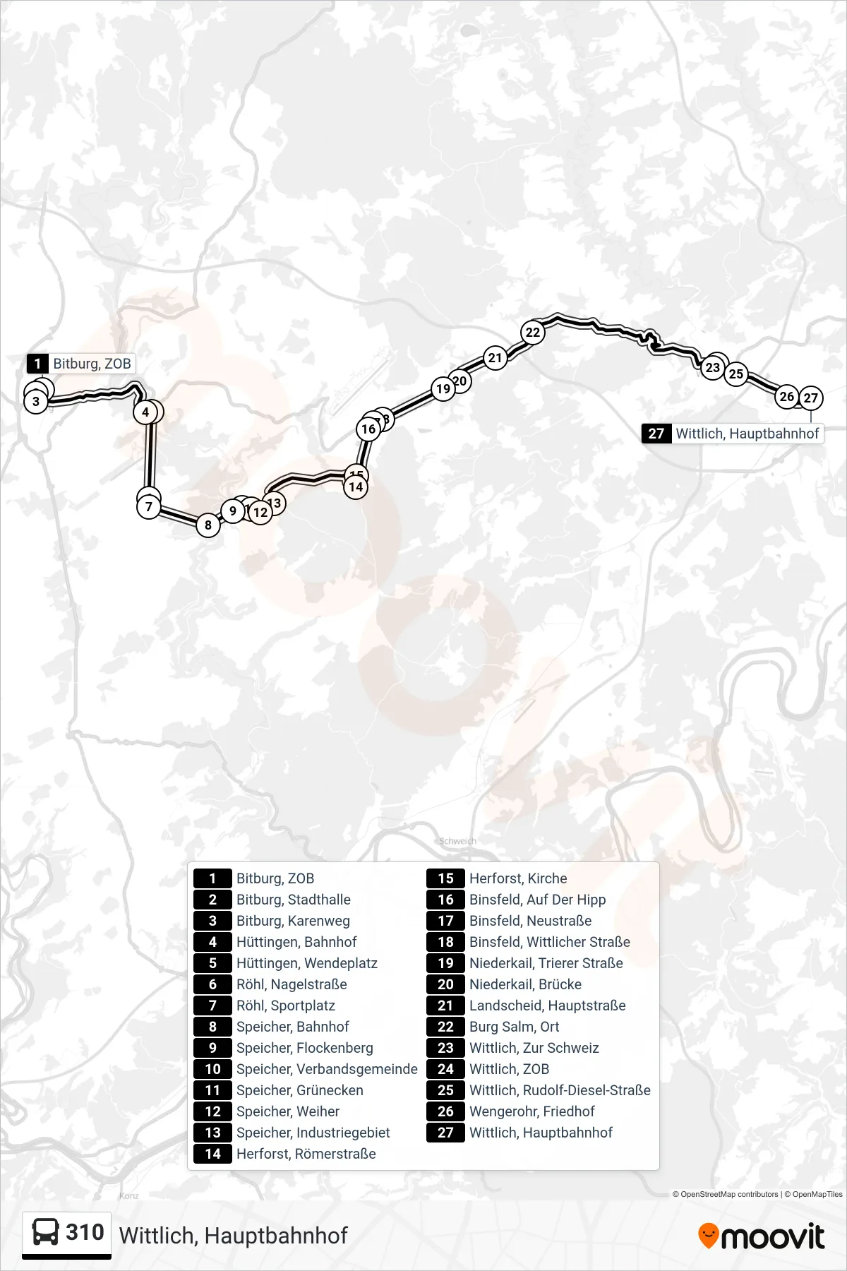 310 bus Line (Wittlich, Hauptbahnhof) route and stops on a map