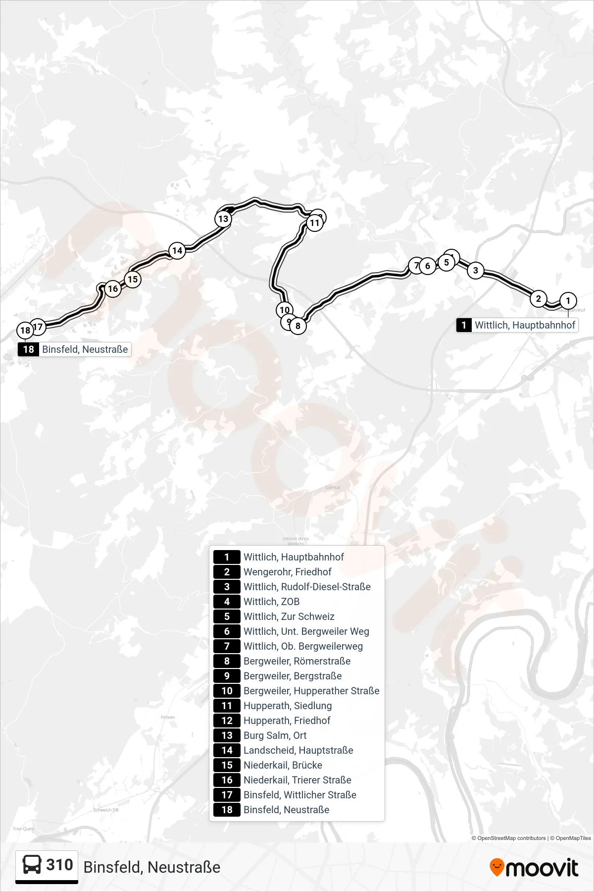 310 bus Line (Binsfeld, Neustraße) route and stops on a map