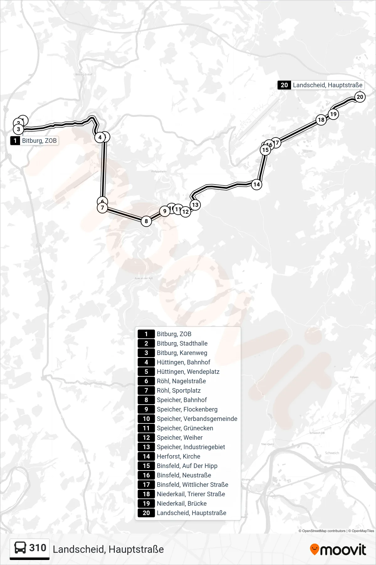 310 bus Line (Landscheid, Hauptstraße) route and stops on a map