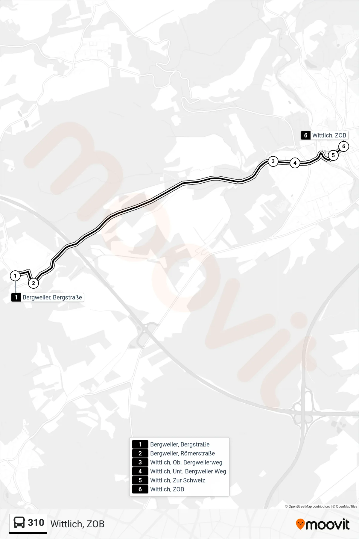 310 bus Line (Wittlich, ZOB) route and stops on a map