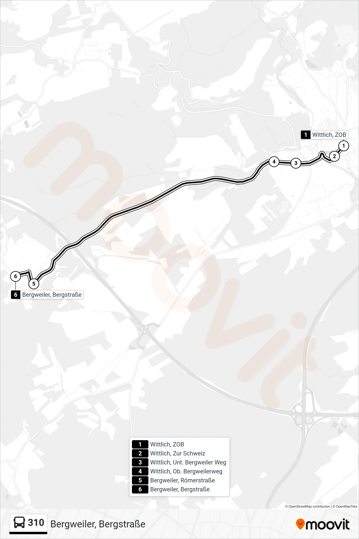 310 bus Line (Bergweiler, Bergstraße) route and stops on a map