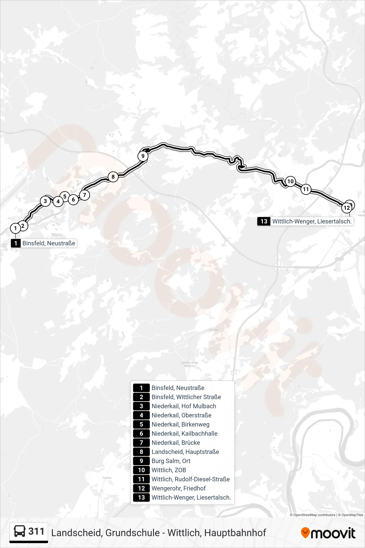 311 bus Line (Wittlich-Wenger, Liesertalsch.) route and stops on a map