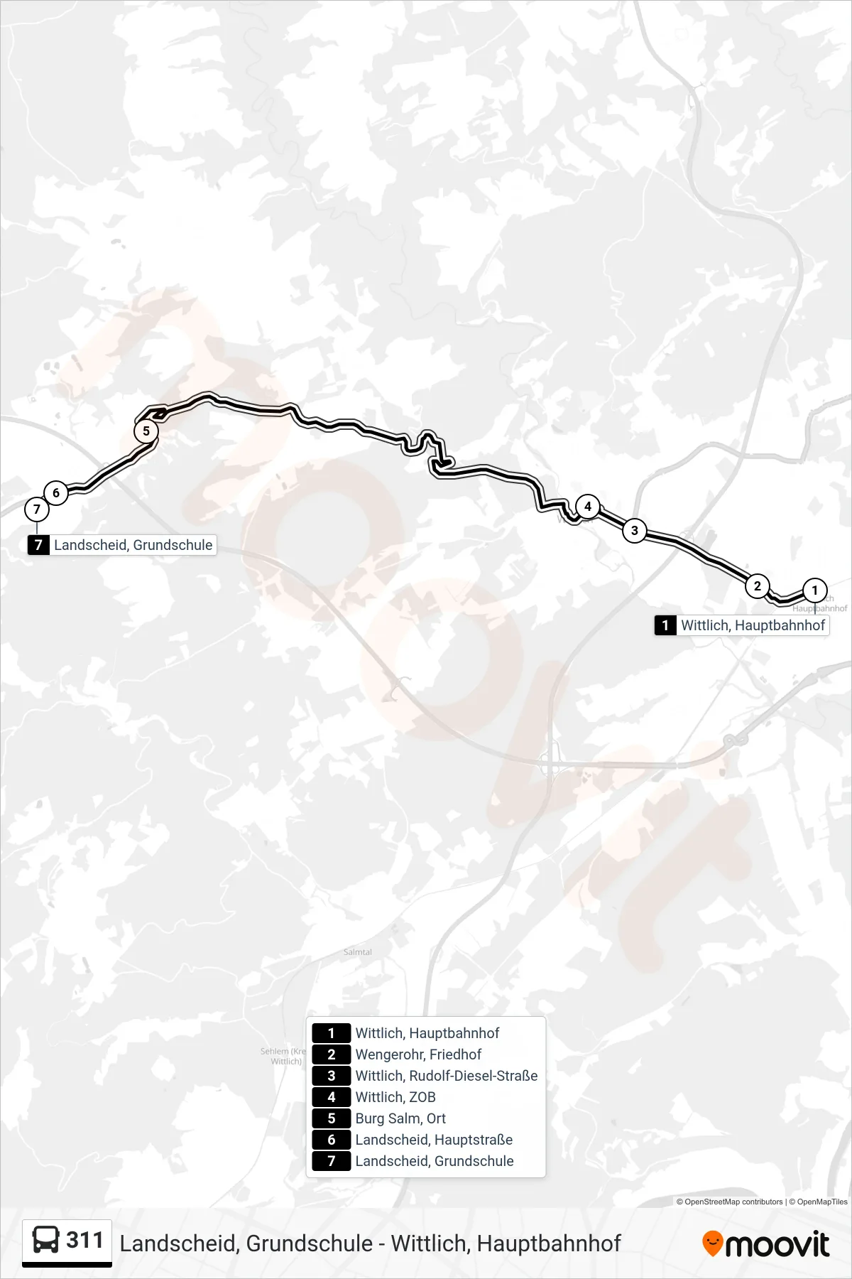 Linie 311 (Bus) Richtung Landscheid, Grundschule: Route und Haltestellen auf der Karte