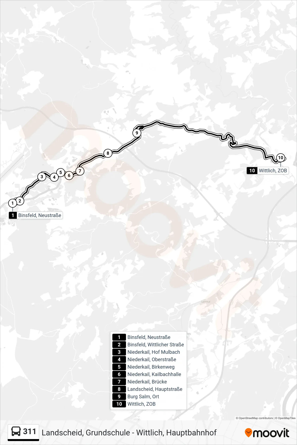 311 bus Line (Wittlich, ZOB) route and stops on a map