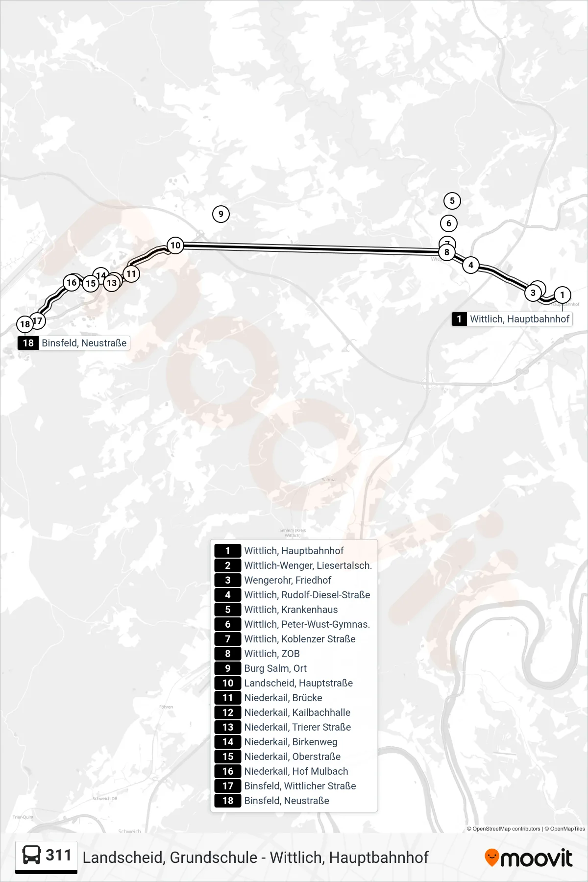 311 bus Line (Binsfeld, Neustraße) route and stops on a map