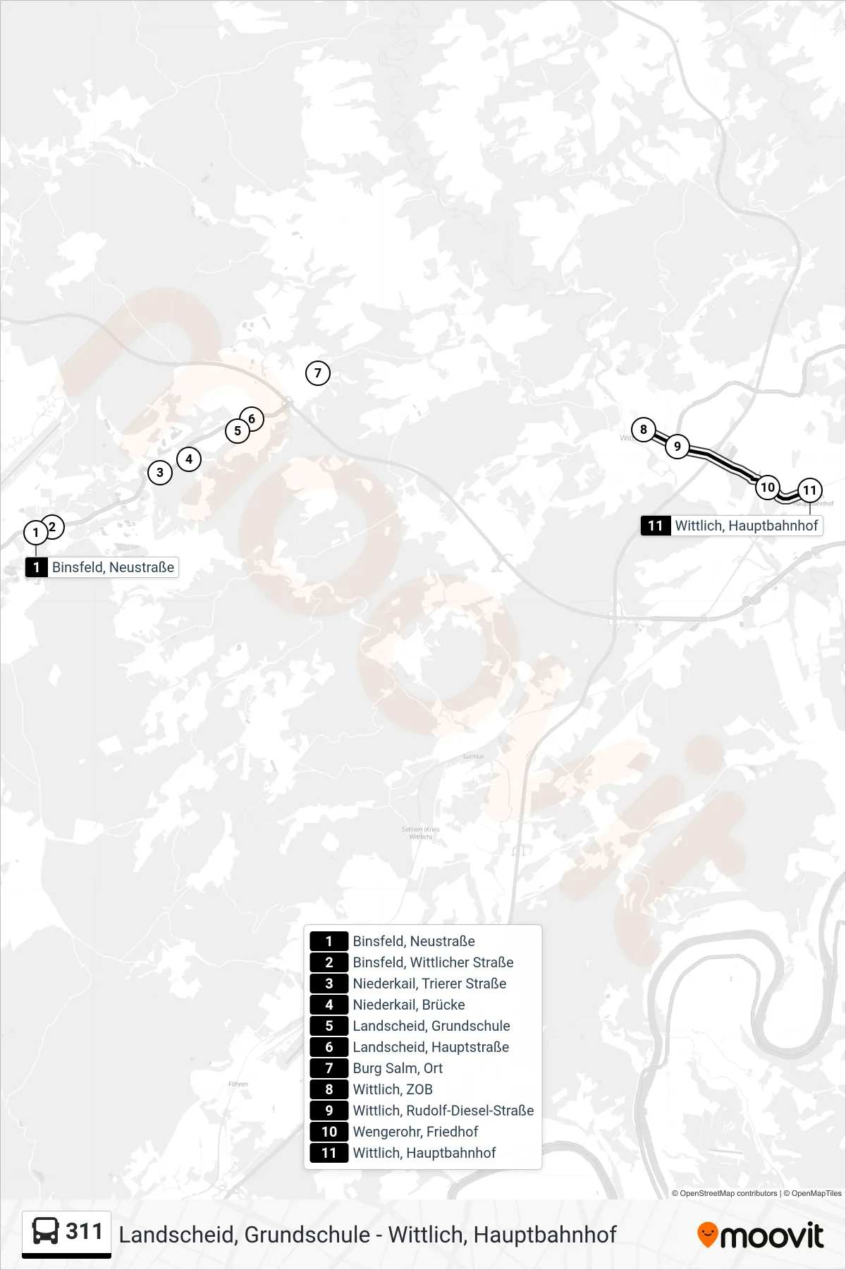 311 bus Line (Wittlich, Hauptbahnhof) route and stops on a map