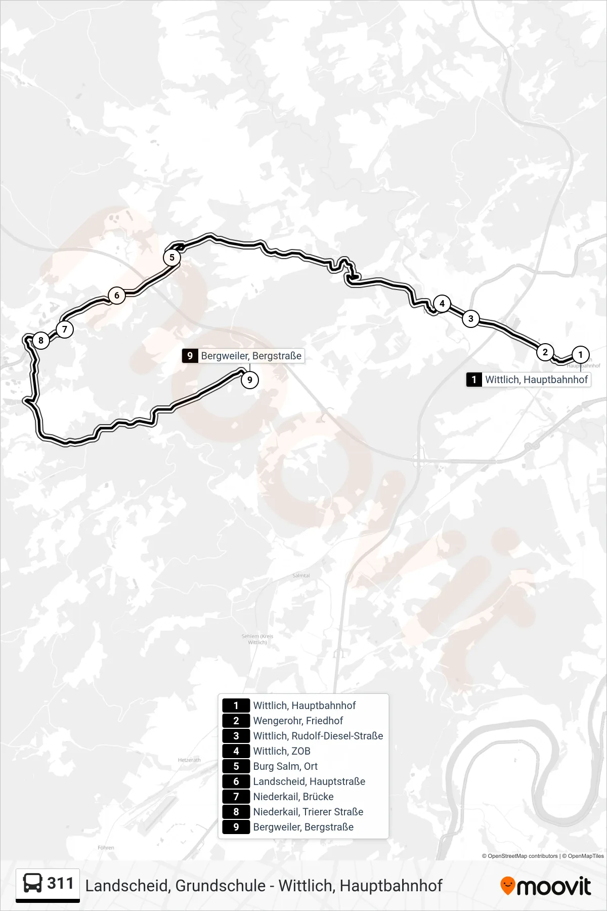 311 bus Line (Bergweiler, Bergstraße) route and stops on a map