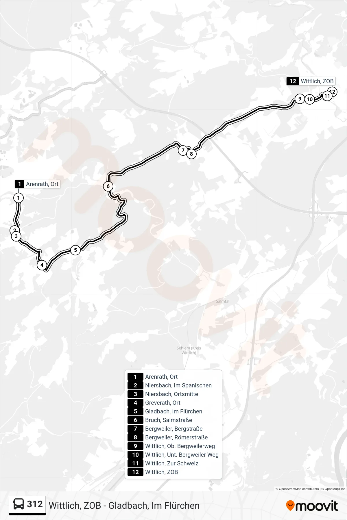 312 bus Line (Wittlich, ZOB) route and stops on a map