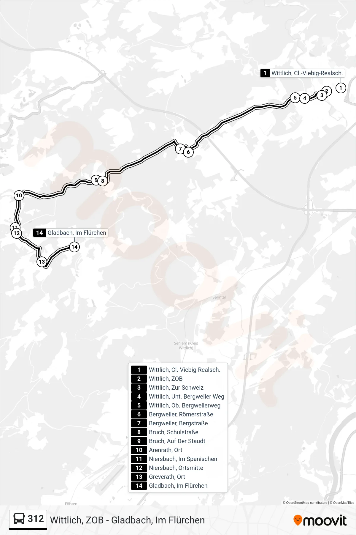 312 bus Line (Gladbach, Im Flürchen) route and stops on a map