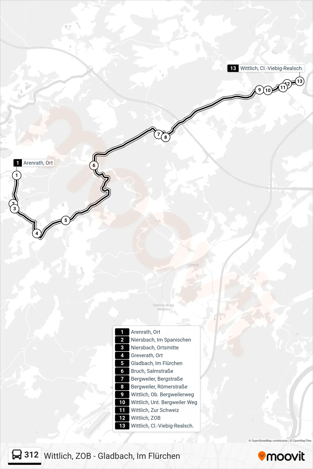312 bus Line (Wittlich, Cl.-Viebig-Realsch.) route and stops on a map