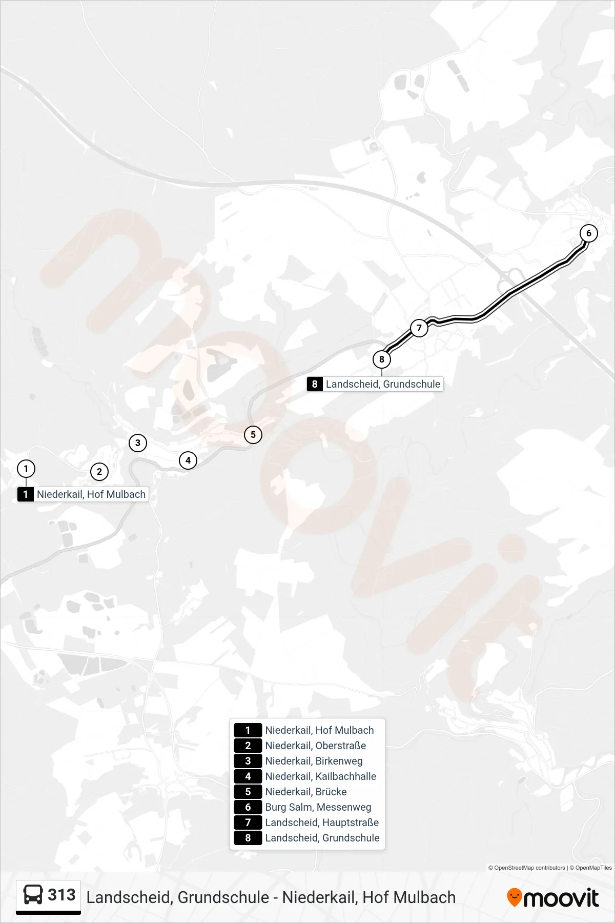 313 bus Line (Landscheid, Grundschule) route and stops on a map