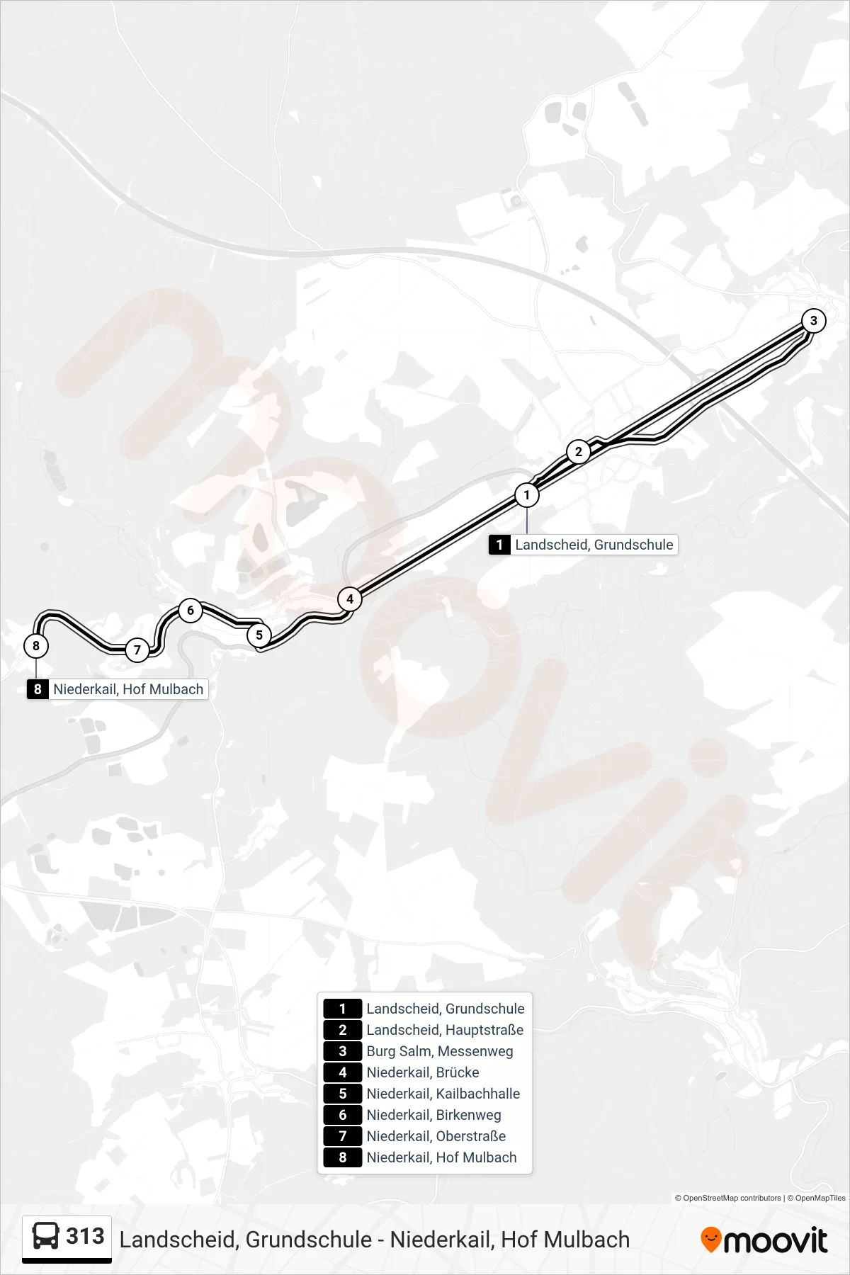 Linie 313 (Bus) Richtung Niederkail, Hof Mulbach: Route und Haltestellen auf der Karte