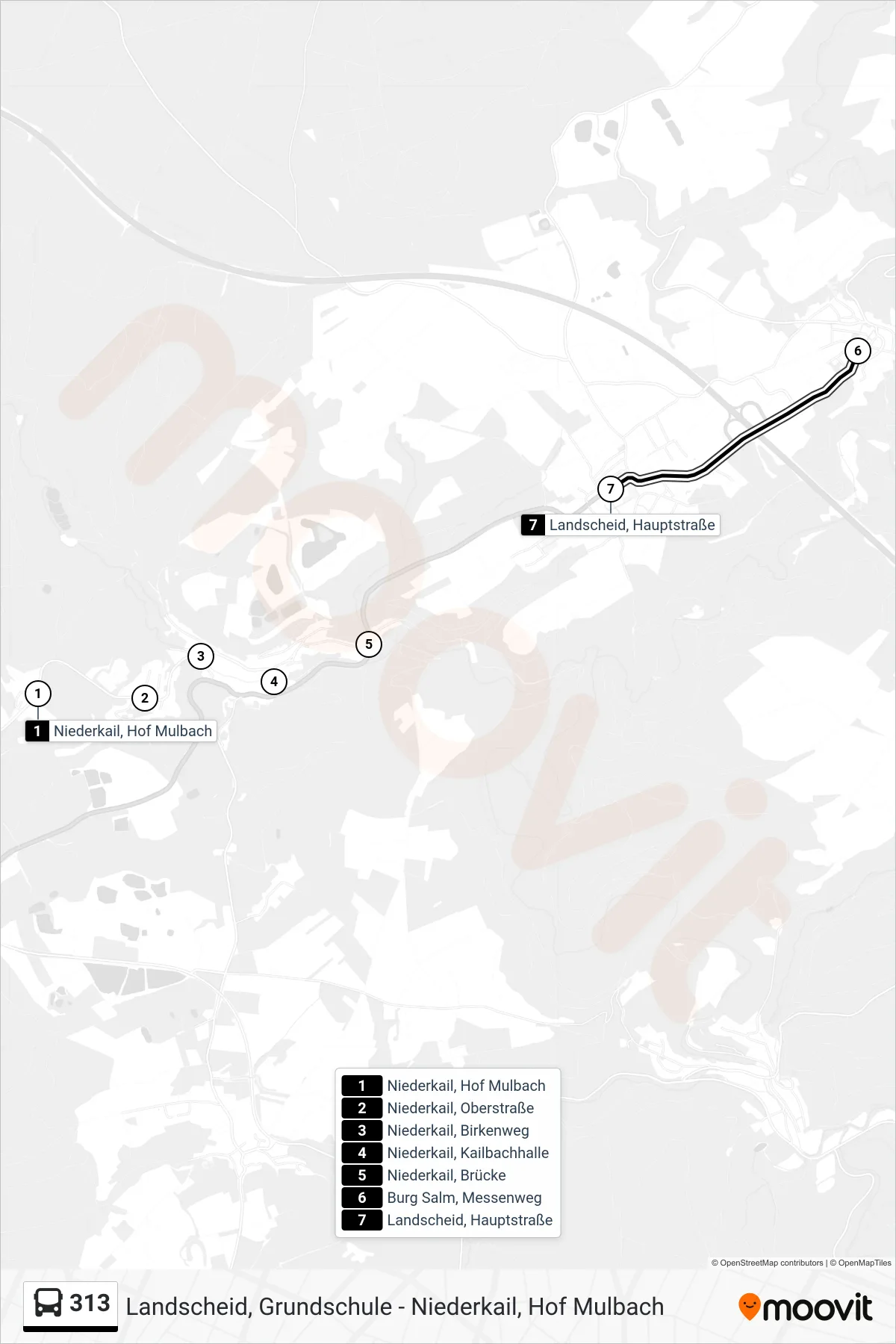 313 bus Line (Landscheid, Hauptstraße) route and stops on a map