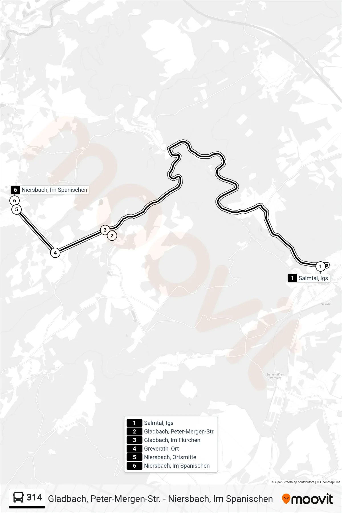 314 bus Line (Niersbach, Im Spanischen) route and stops on a map