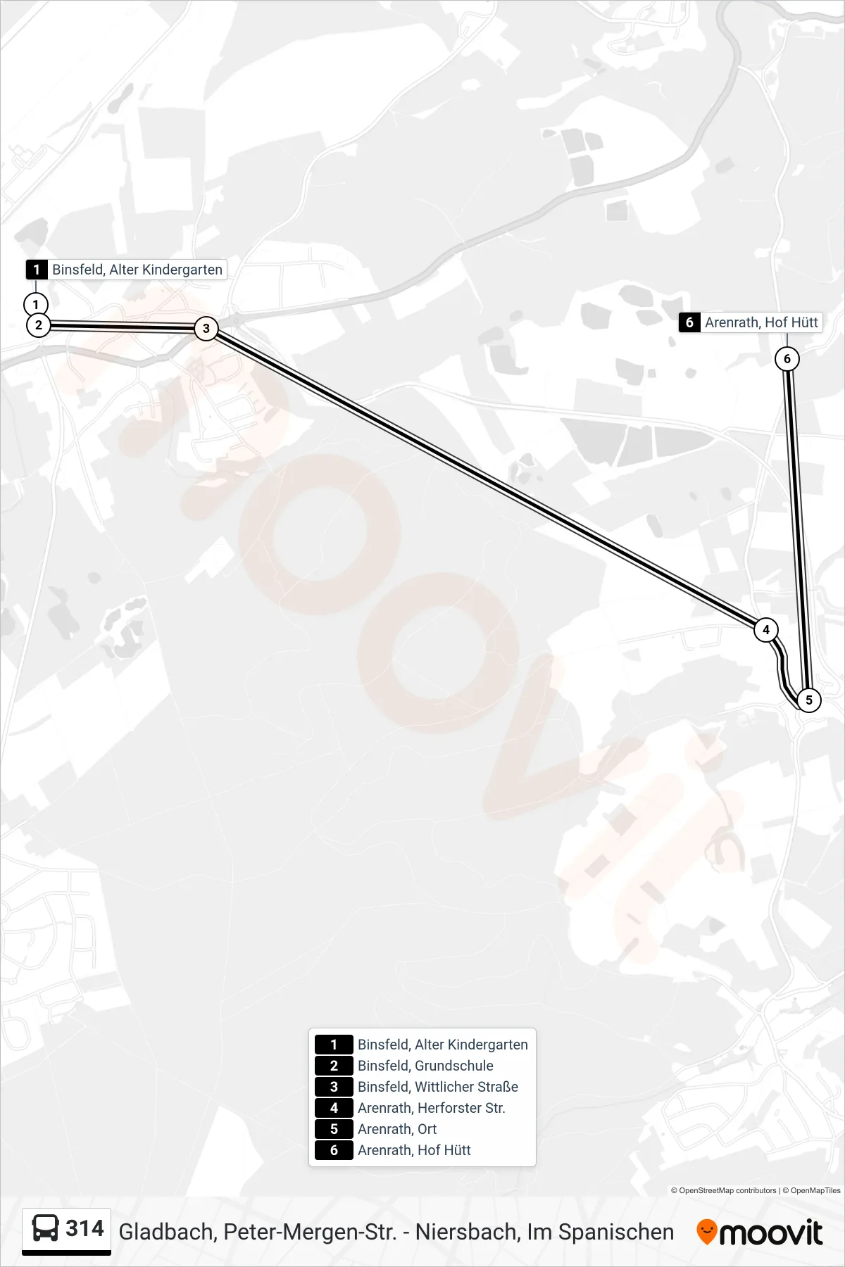 314 bus Line (Arenrath, Hof Hütt) route and stops on a map
