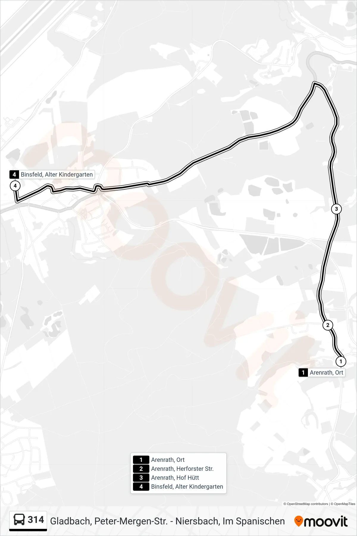 314 bus Line (Binsfeld, Alter Kindergarten) route and stops on a map