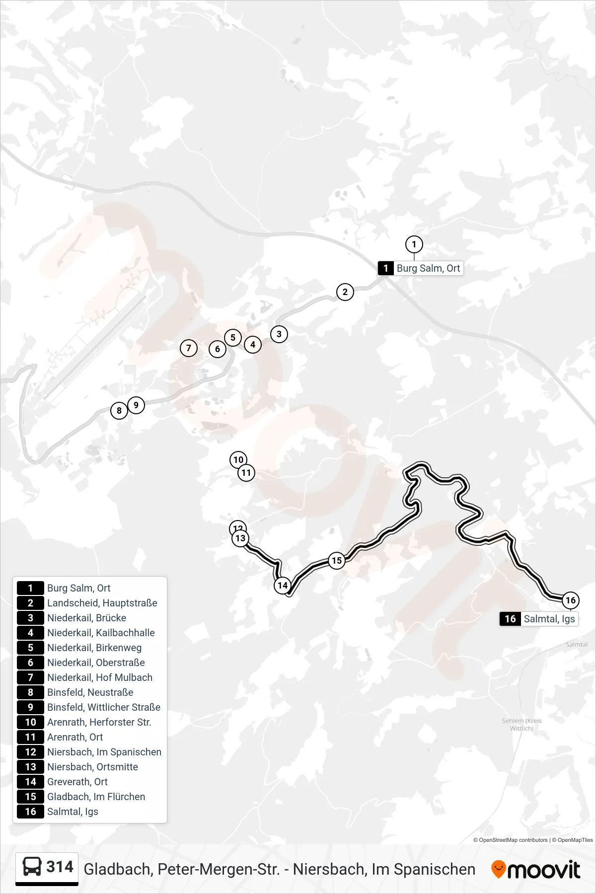 314 bus Line (Salmtal, Igs) route and stops on a map
