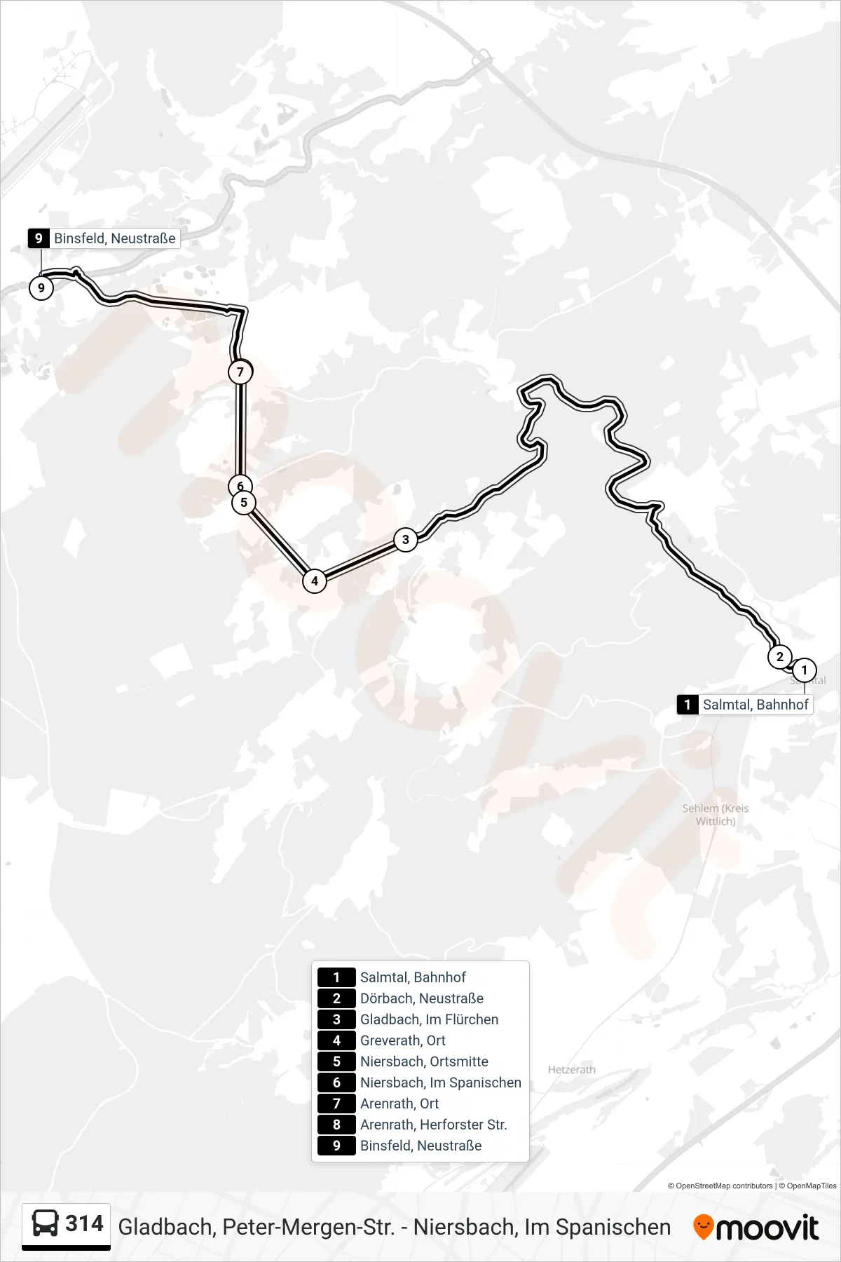 314 bus Line (Binsfeld, Neustraße) route and stops on a map