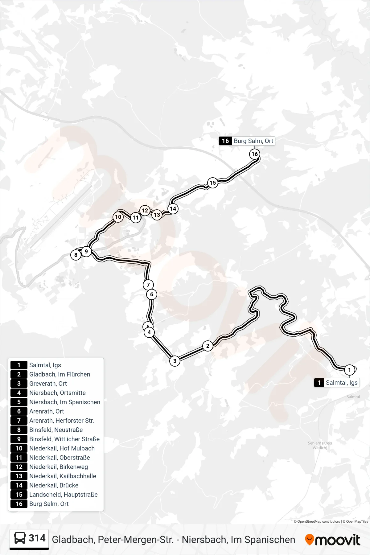 314 bus Line (Burg Salm, Ort) route and stops on a map