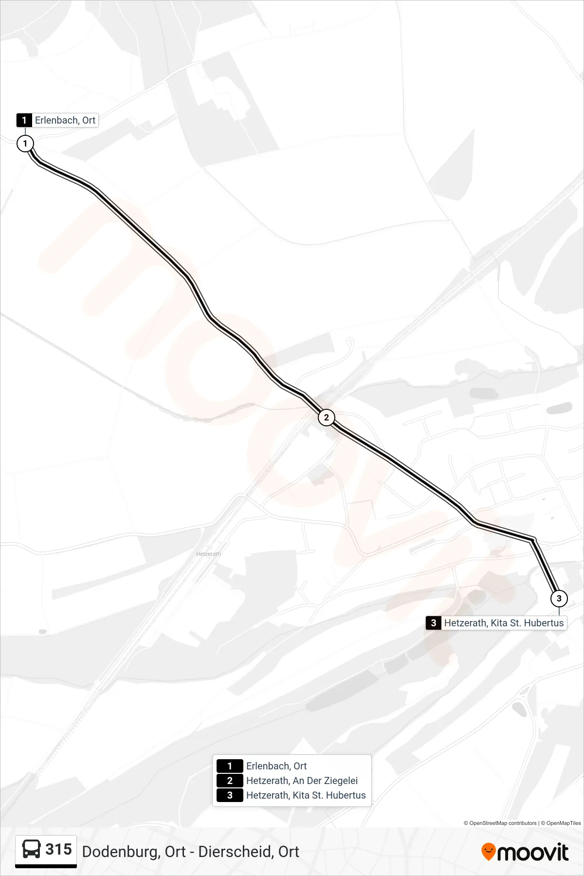 315 bus Line (Hetzerath, Kita St. Hubertus) route and stops on a map