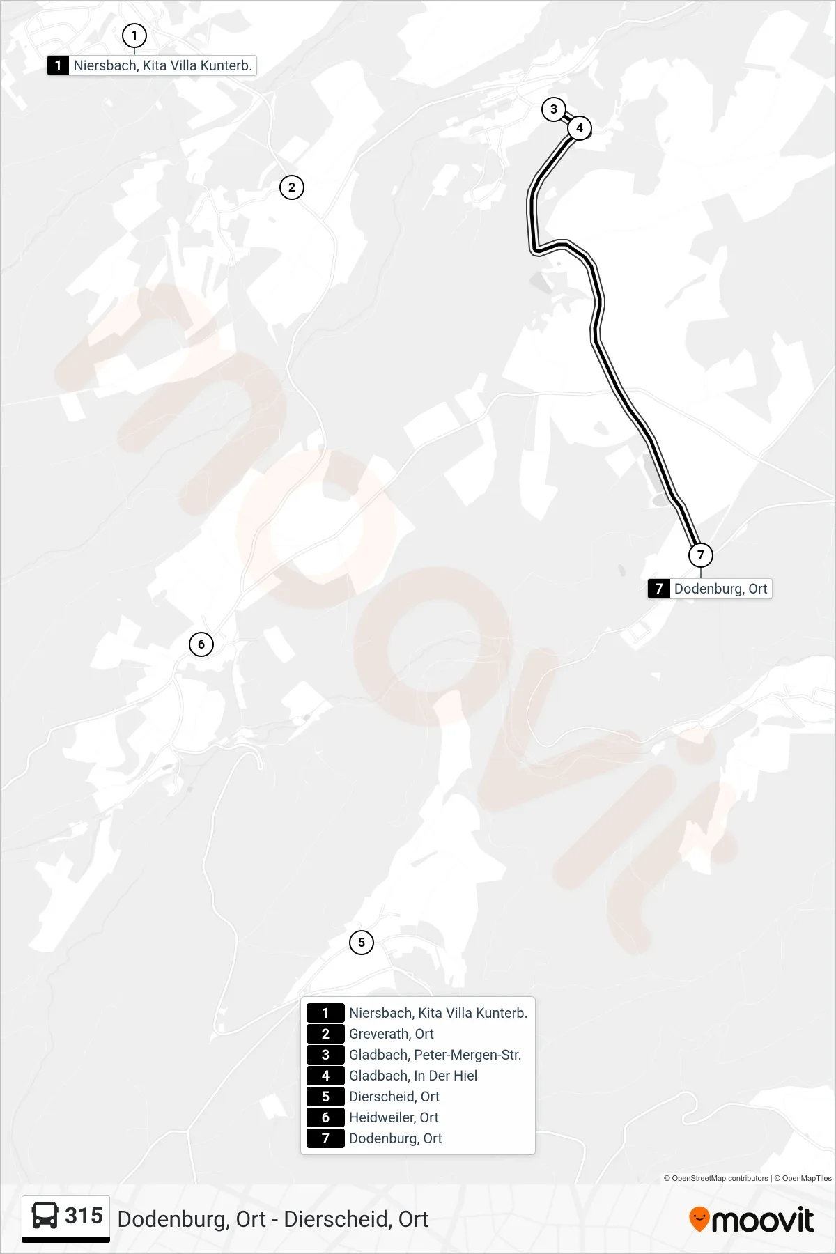315 bus Line (Dodenburg, Ort) route and stops on a map