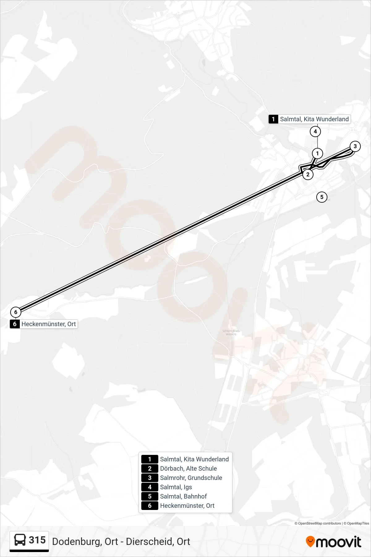 315 bus Line (Heckenmünster, Ort) route and stops on a map