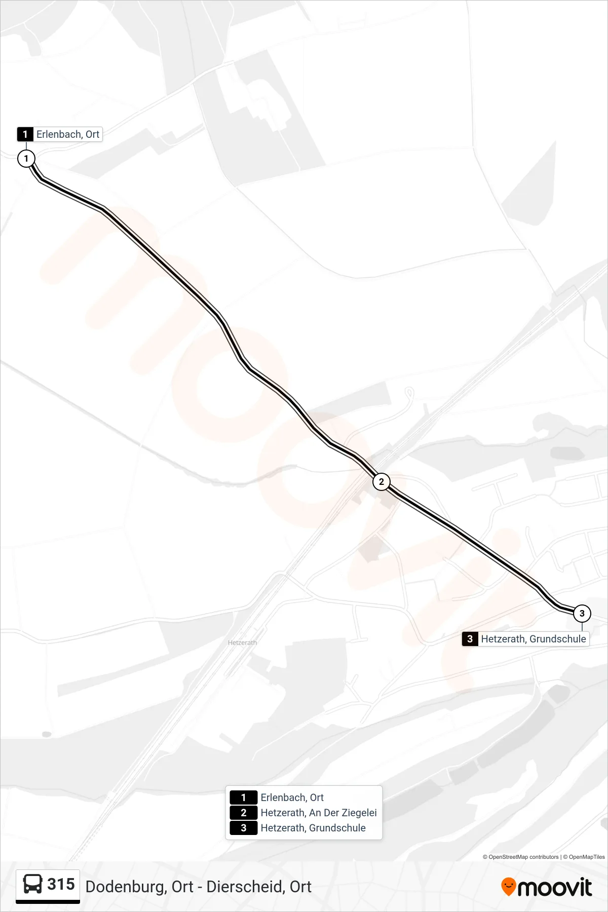 315 bus Line (Hetzerath, Grundschule) route and stops on a map
