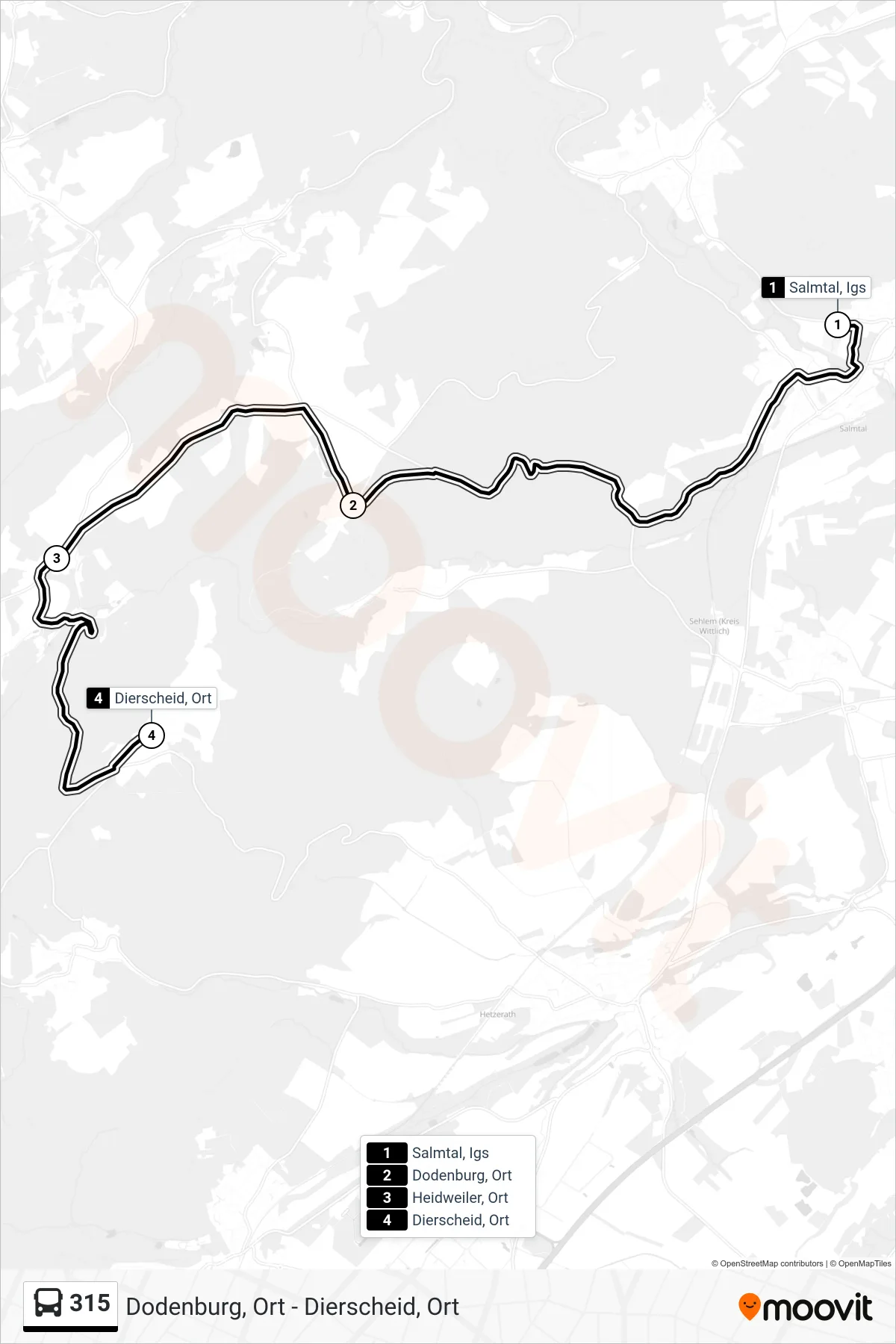315 bus Line (Dierscheid, Ort) route and stops on a map