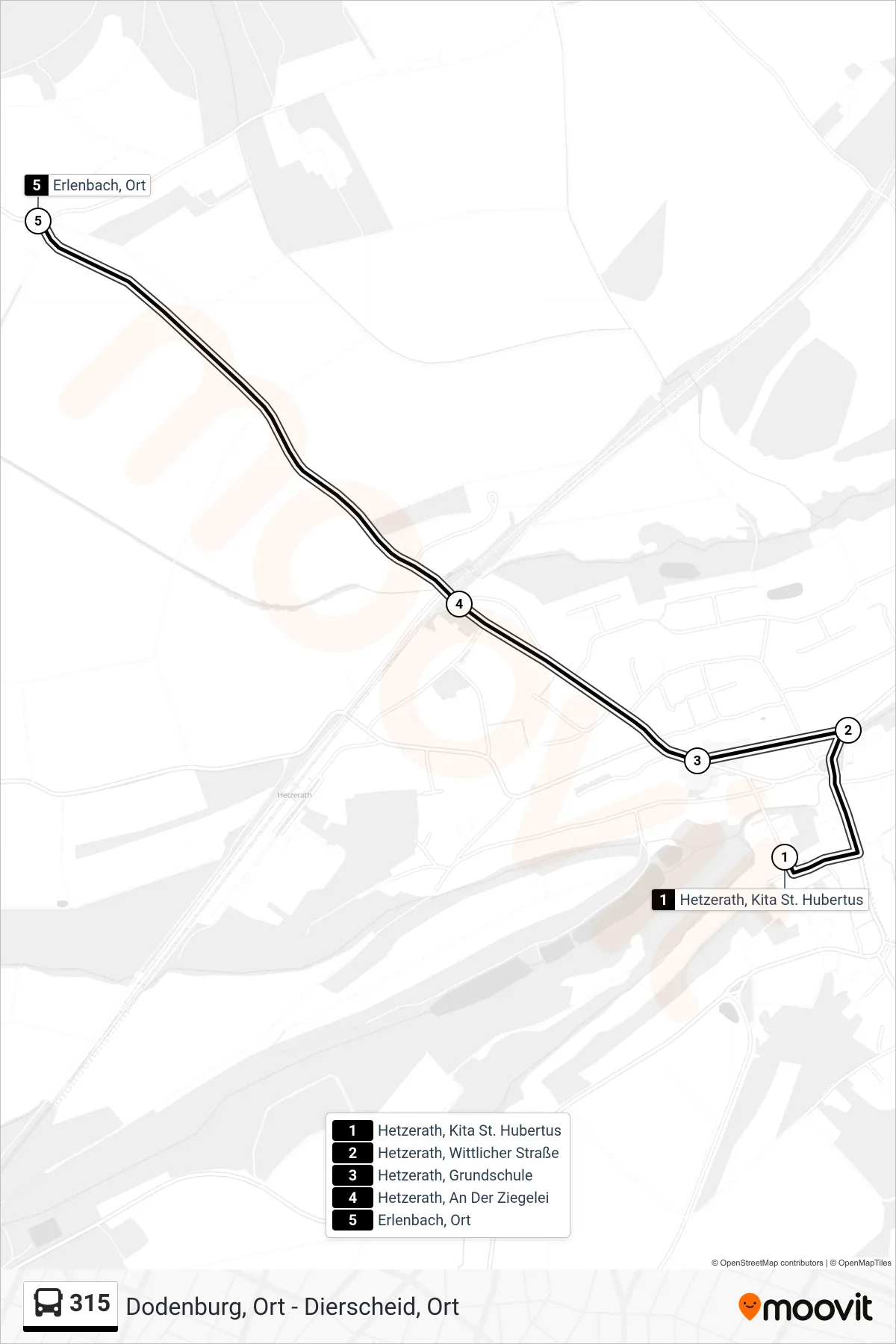 315 bus Line (Erlenbach, Ort) route and stops on a map