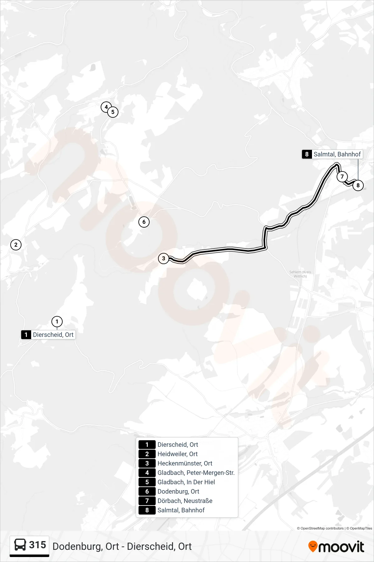 315 bus Line (Salmtal, Bahnhof) route and stops on a map