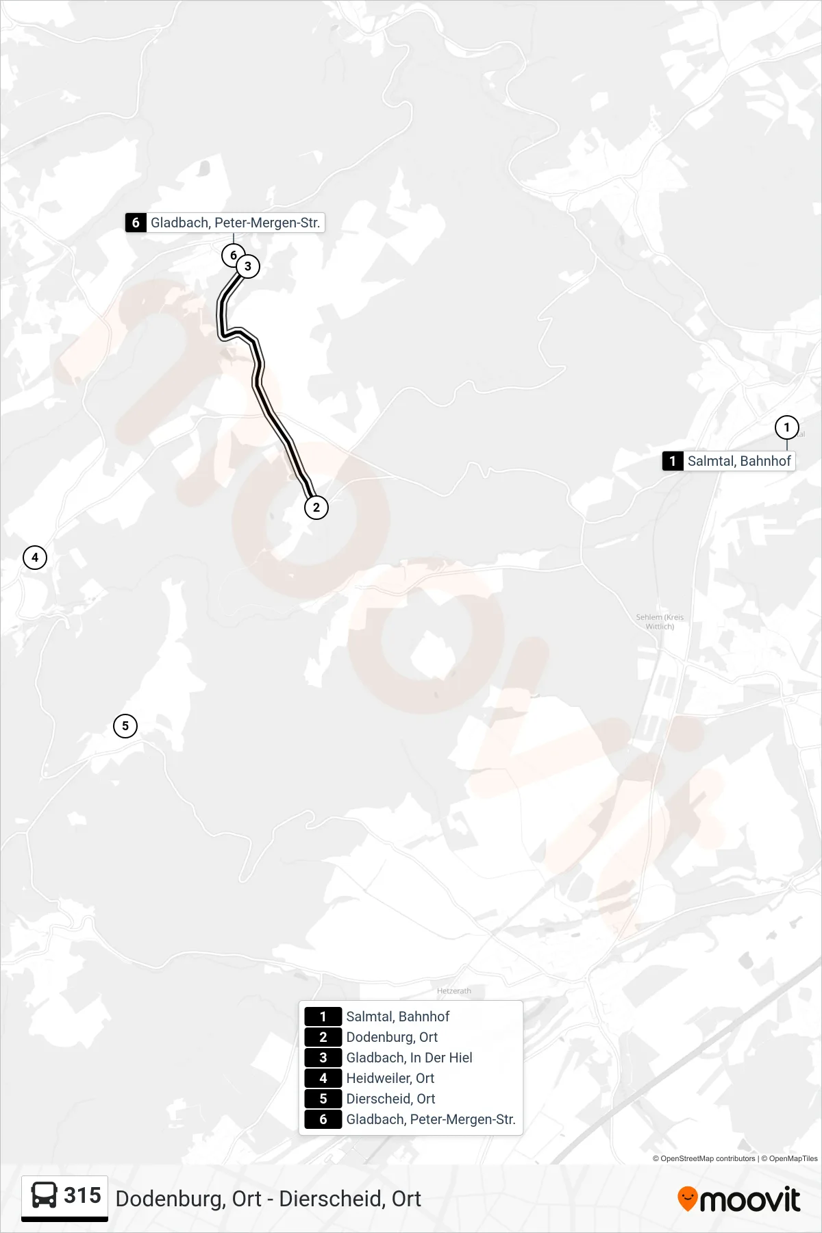 315 bus Line (Gladbach, Peter-Mergen-Str.) route and stops on a map