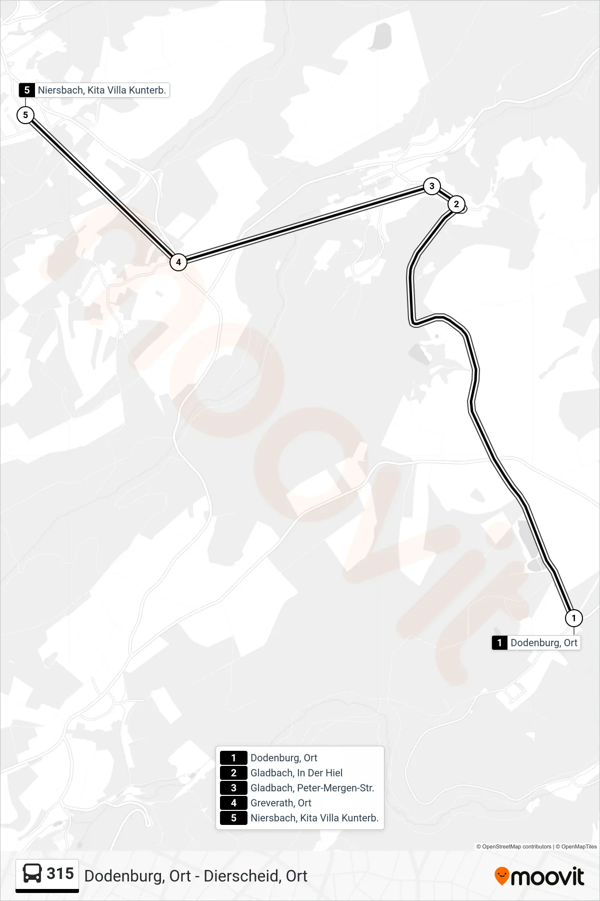 315 bus Line (Niersbach, Kita Villa Kunterb.) route and stops on a map