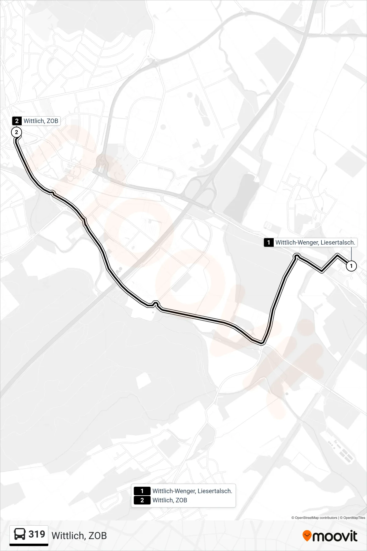 319 bus Line (Wittlich, ZOB) route and stops on a map