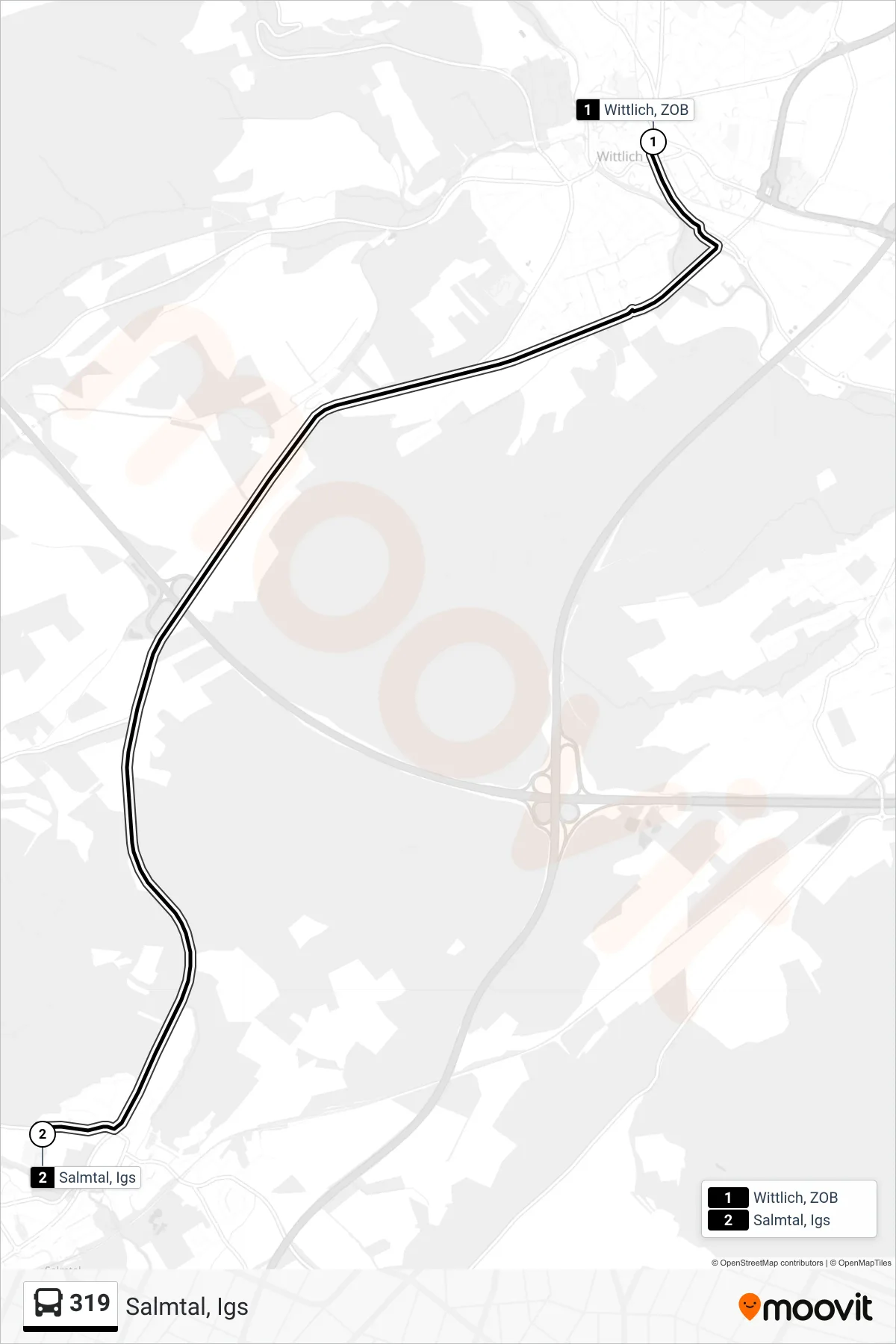 319 bus Line (Salmtal, Igs) route and stops on a map